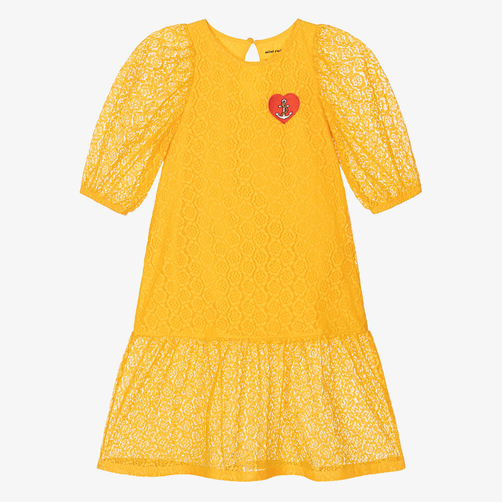 Mini Rodini-Girls Yellow Floral Lace Heart Dress  | Childrensalon Outlet