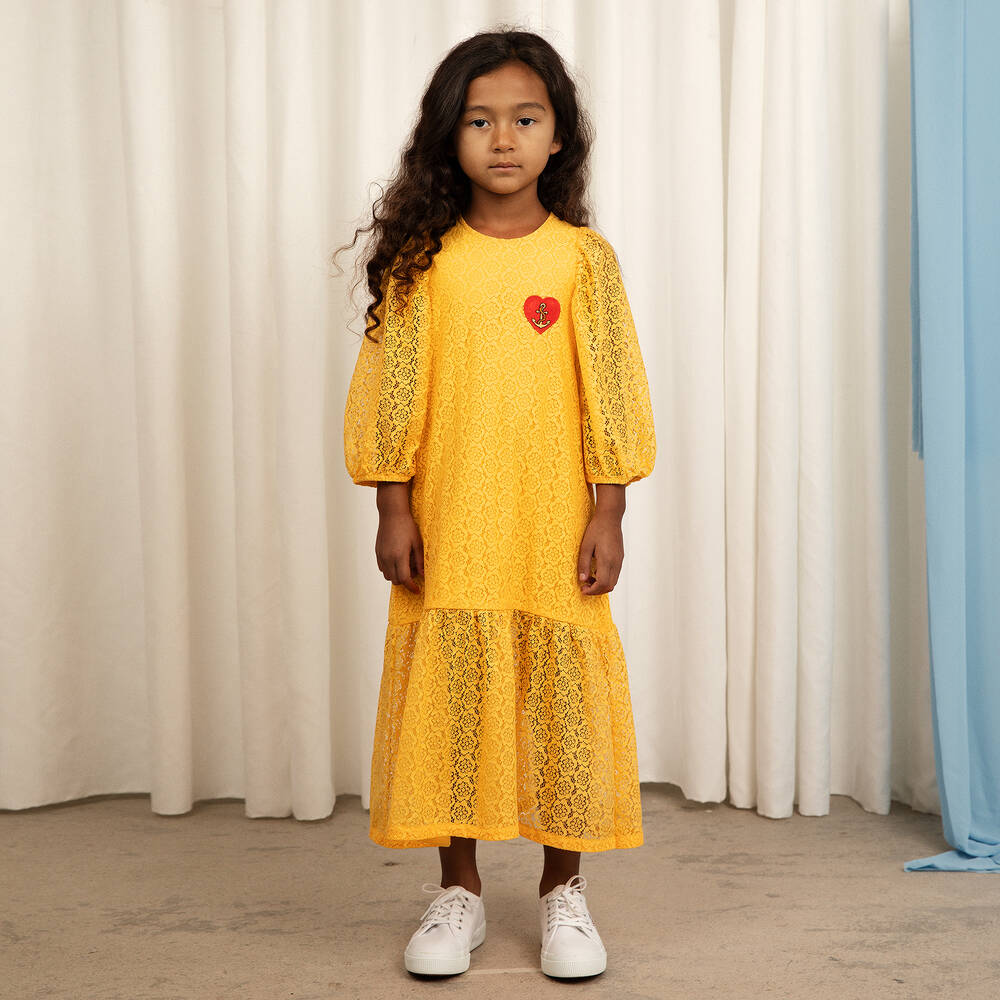 Mini Rodini-Girls Yellow Floral Lace Heart Dress  | Childrensalon Outlet