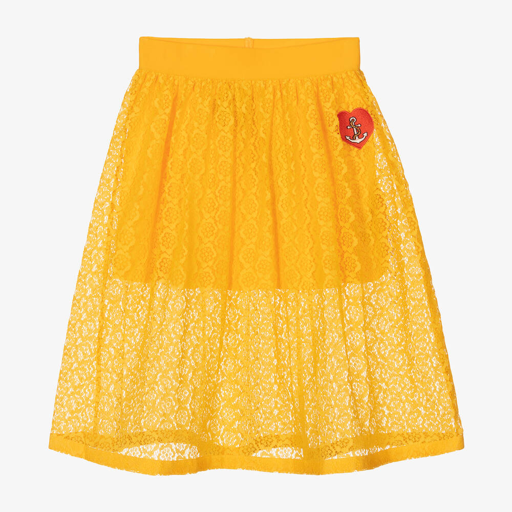 Mini Rodini - Jupe dentelle jaune fleurs et cœur | Childrensalon