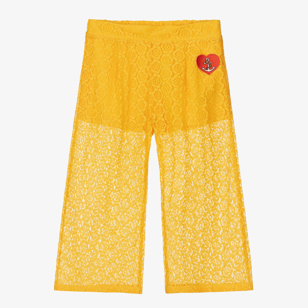 Mini Rodini - Girls Yellow Floral Lace Heart Trousers | Childrensalon