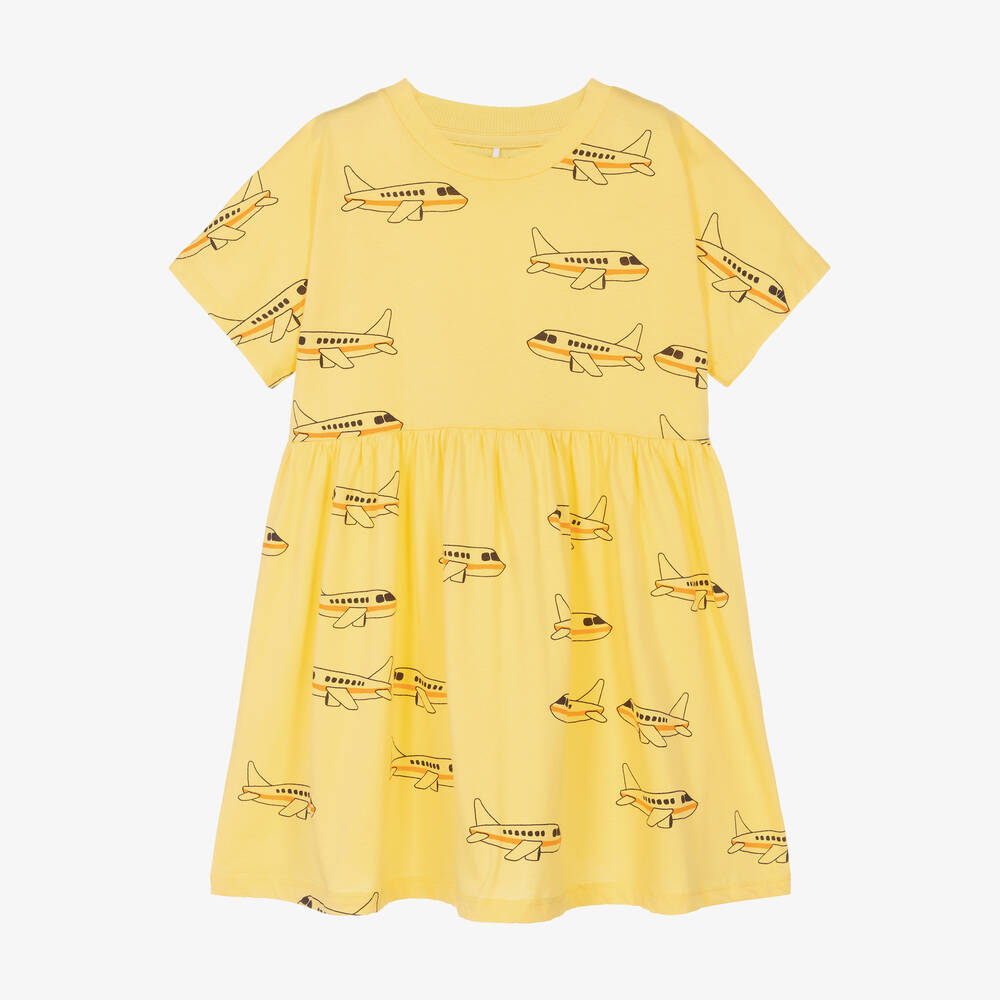 Mini Rodini - Girls Yellow Organic Cotton Airplane Dress | Childrensalon