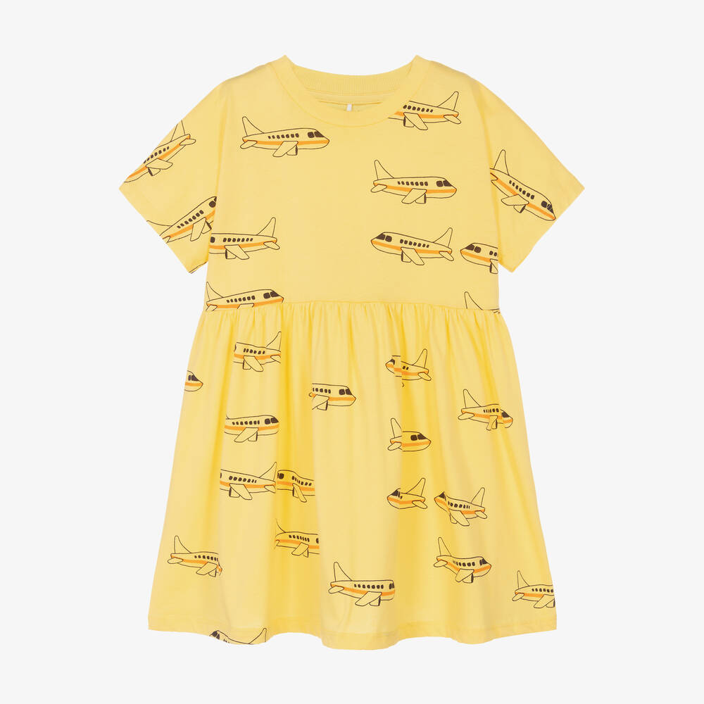 Mini Rodini - Robe jaune en coton bio avions | Childrensalon