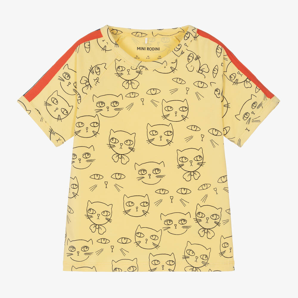 Mini Rodini-Girls Yellow Organic Cotton Cat T-Shirt | Childrensalon Outlet