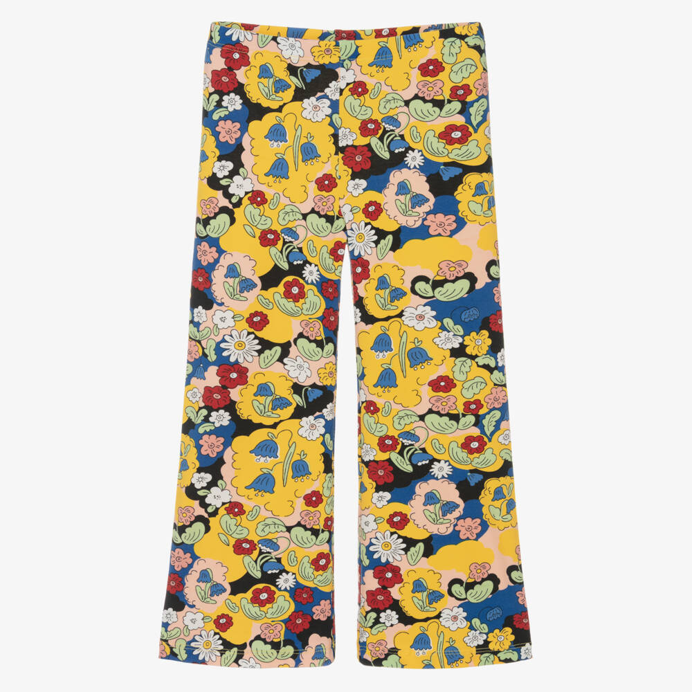 Mini Rodini-Girls Yellow Organic Cotton Flared Floral Trousers | Childrensalon Outlet