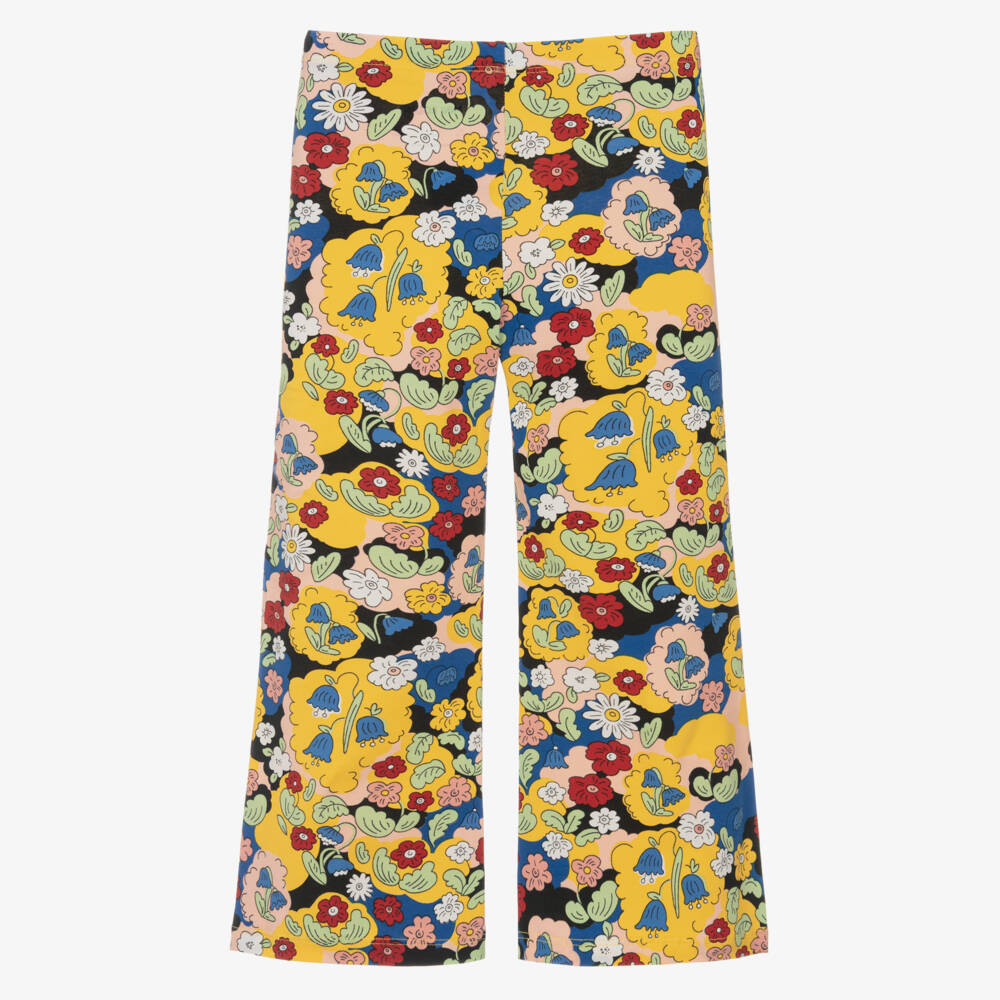 Mini Rodini-Girls Yellow Organic Cotton Flared Floral Trousers | Childrensalon Outlet