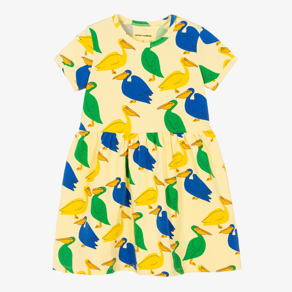 Mini Rodini - Robe jaune en coton bio pélicans | Childrensalon