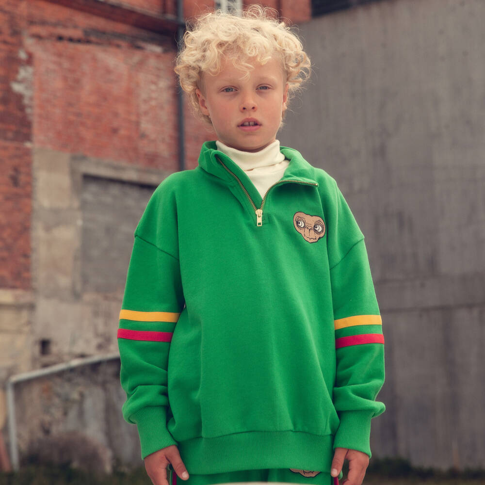 Mini Rodini-Green Cotton Quarter Zip Sweatshirt with Embroidered E.T. | Childrensalon Outlet
