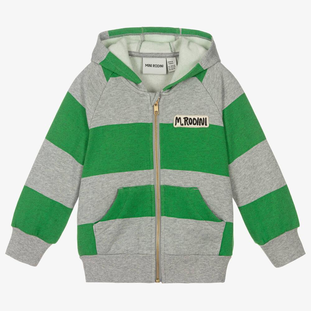 Mini Rodini - Green Stripe Organic Cotton Zip-Up Hoodie | Childrensalon