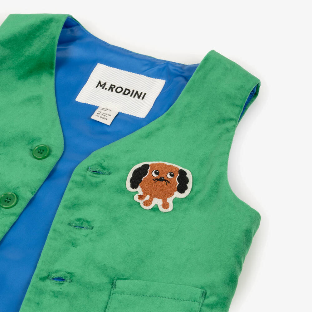 Mini Rodini-Green Velvet Waistcoat with Dog Patch | Childrensalon Outlet