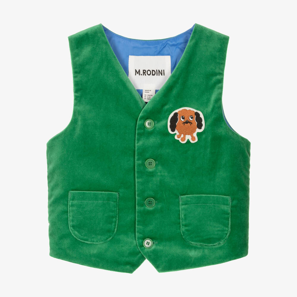 Mini Rodini-Green Velvet Waistcoat with Dog Patch | Childrensalon Outlet