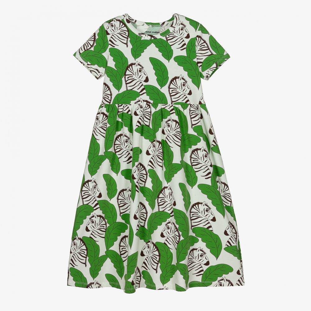 Mini Rodini-فستان قطن عضوي جيرسي لون أخضر وأبيض | Childrensalon Outlet