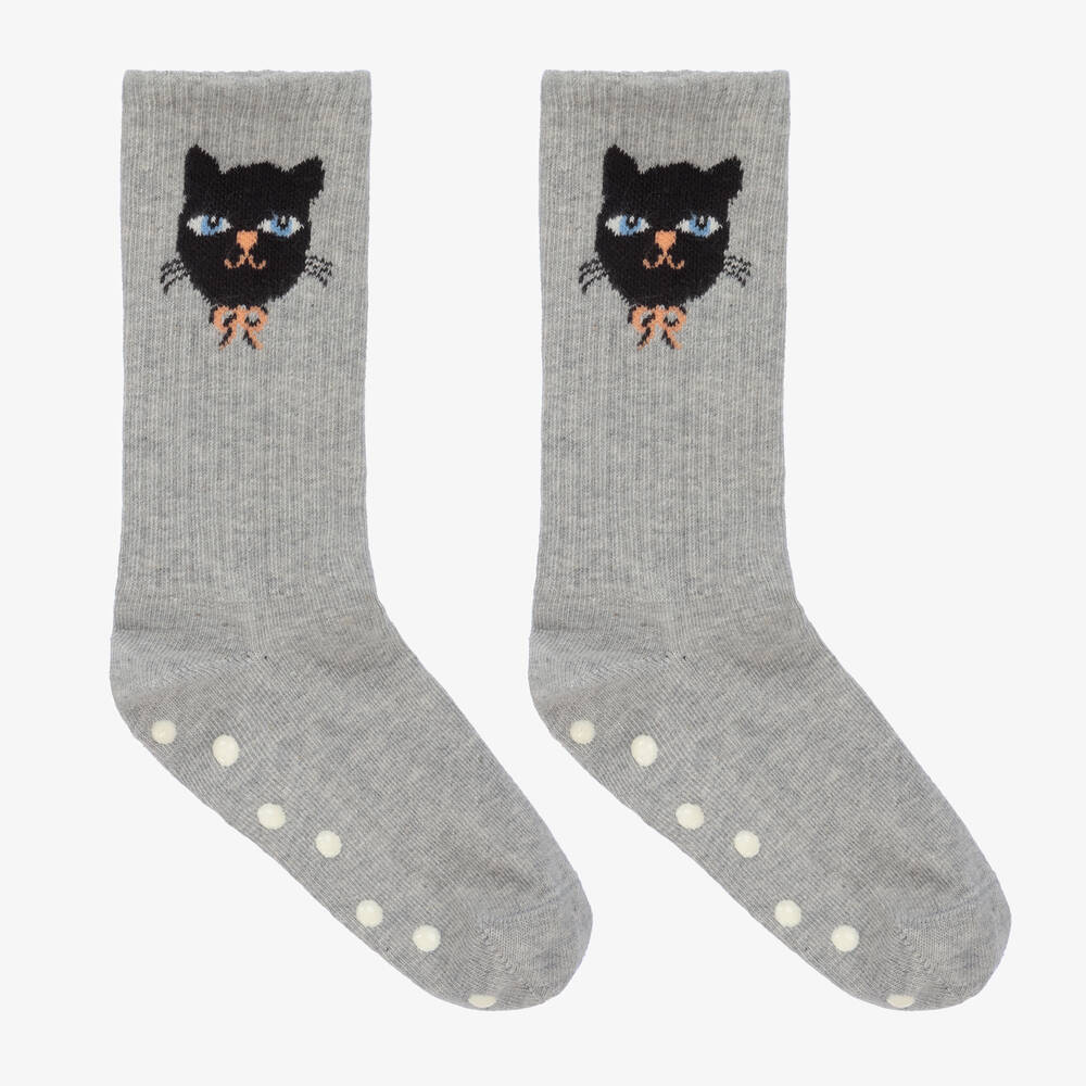 Mini Rodini - Graue Anti-Rutsch-Socken mit Katze | Childrensalon