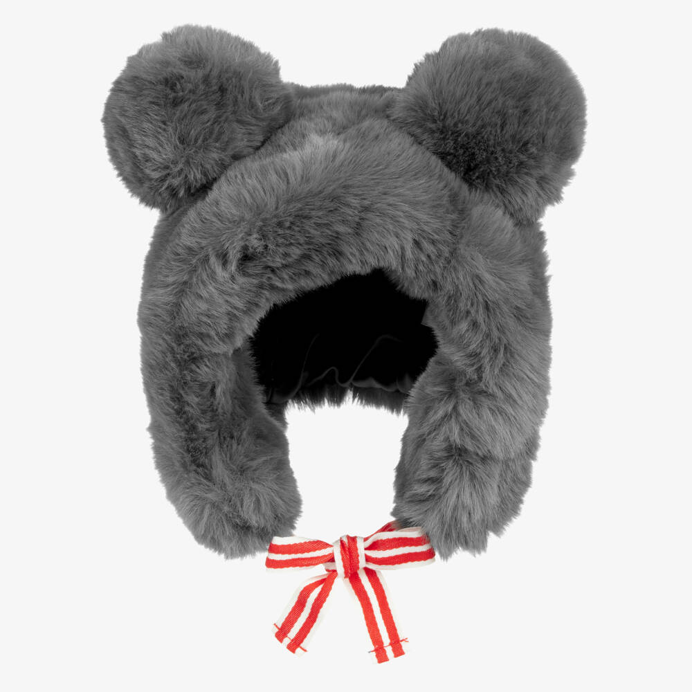 Mini Rodini-Grey Faux Fur Hat with Bear Ears | Childrensalon Outlet