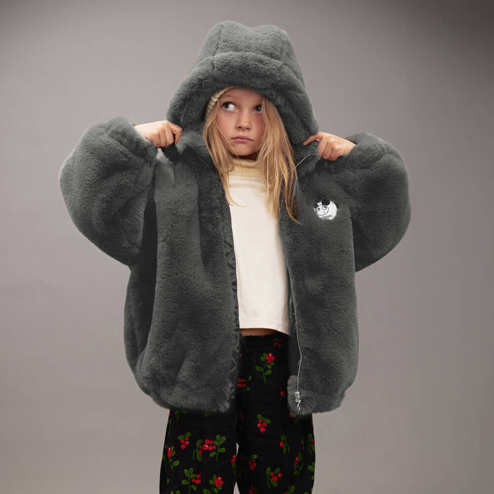 Mini Rodini-Grey Faux Fur Jacket with Detachable Hood | Childrensalon Outlet