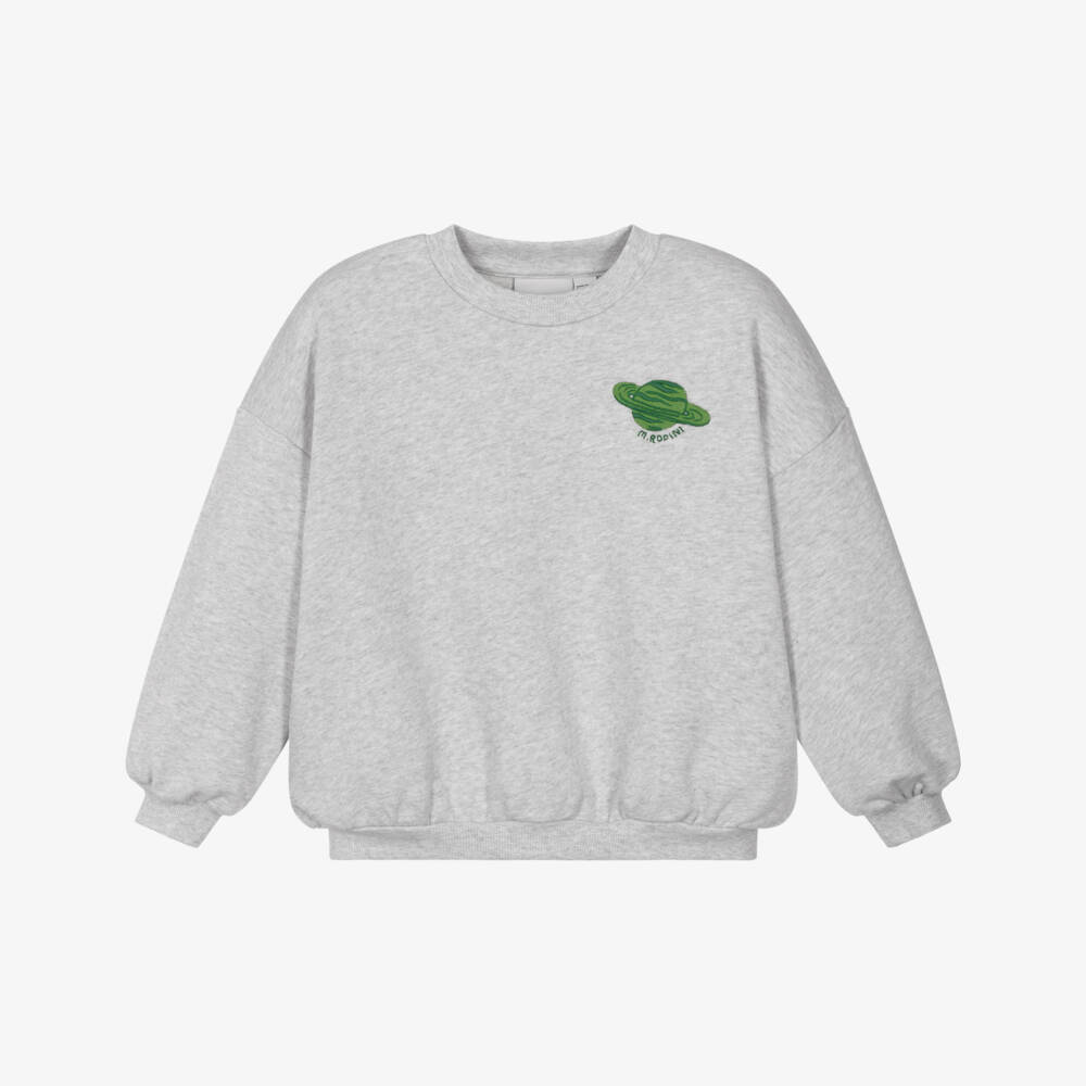Mini Rodini-Grey Marl Organic Cotton Sweatshirt with Planet Logo Patch | Childrensalon Outlet