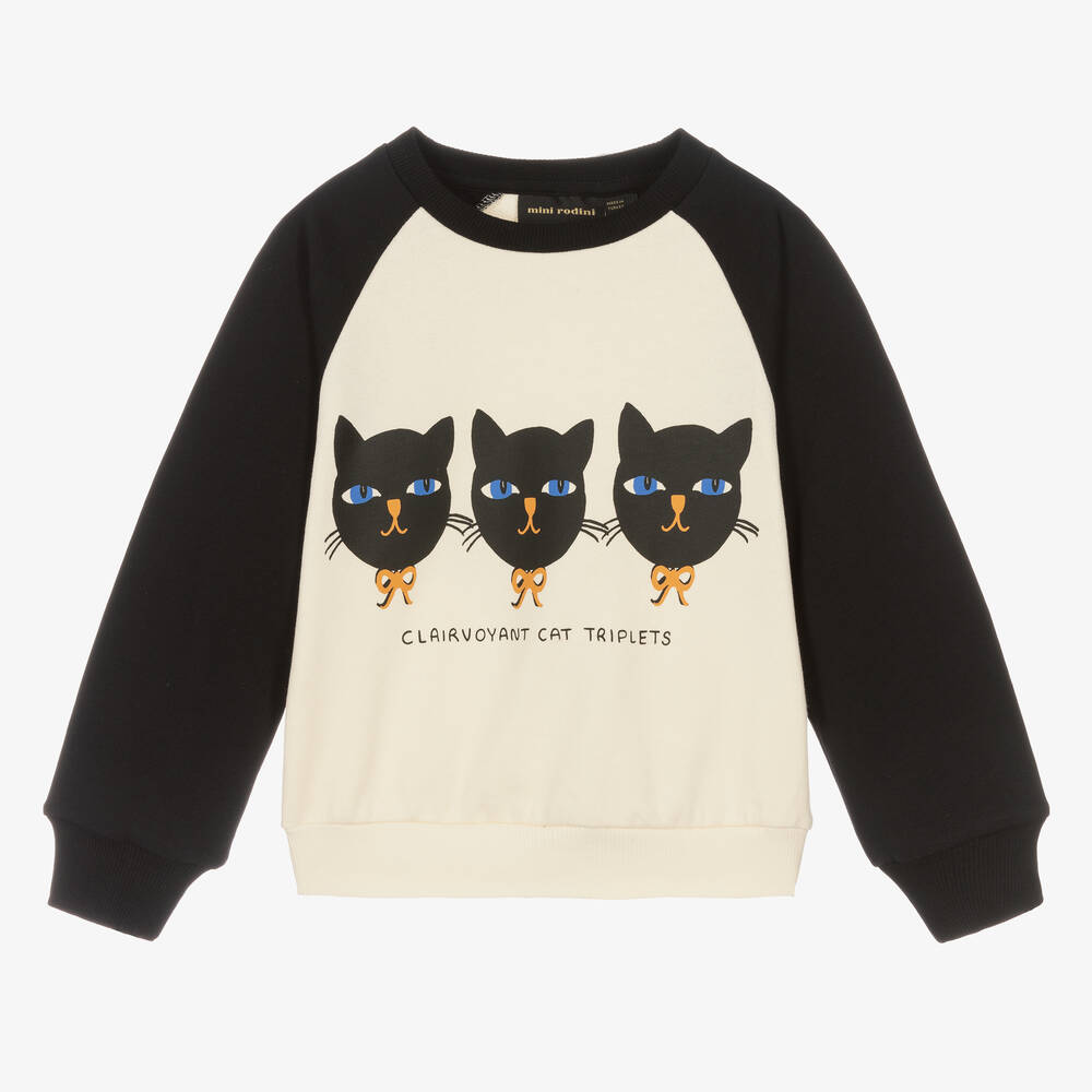 Mini Rodini - Katzen-Sweatshirt in Elfenbein und Schwarz | Childrensalon