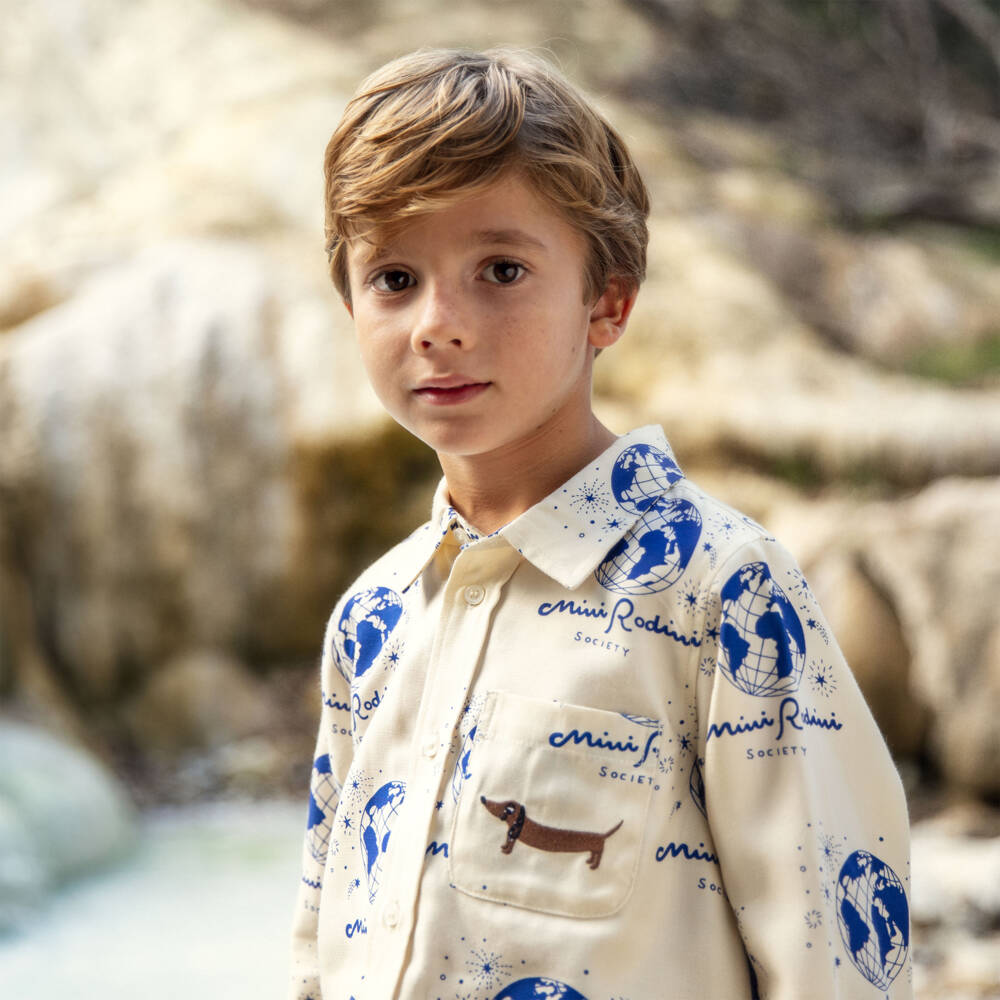 Mini Rodini-Ivory & Blue Earth Print Shirt | Childrensalon Outlet