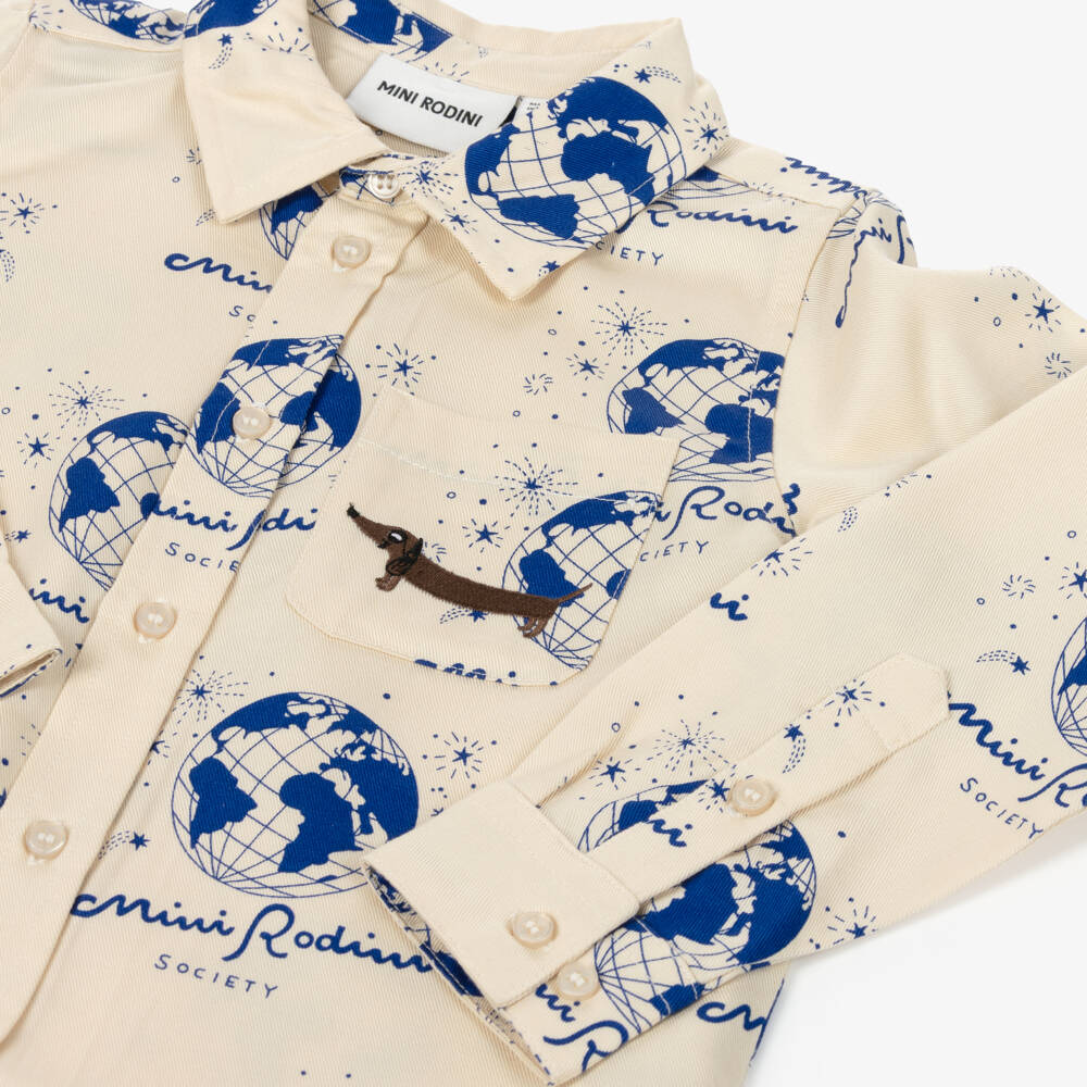 Mini Rodini-Ivory & Blue Earth Print Shirt | Childrensalon Outlet