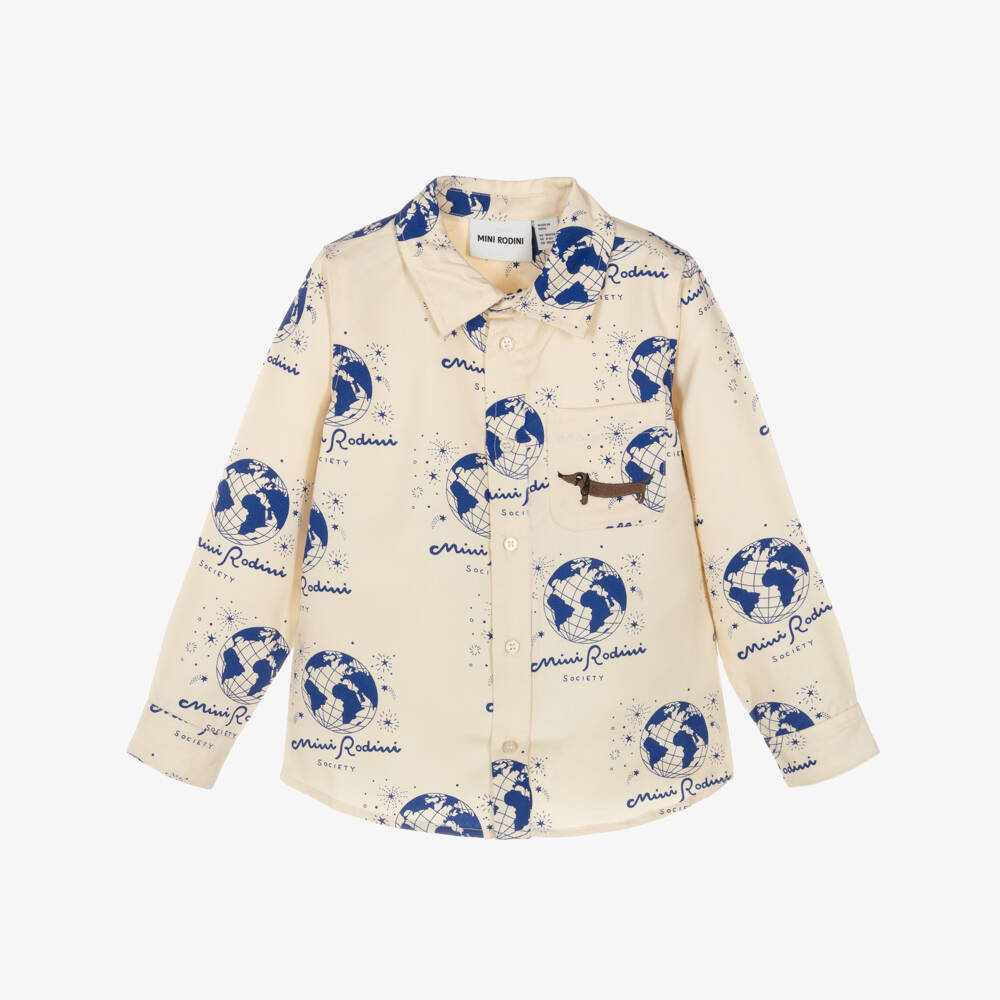 Mini Rodini-Ivory & Blue Earth Print Shirt | Childrensalon Outlet