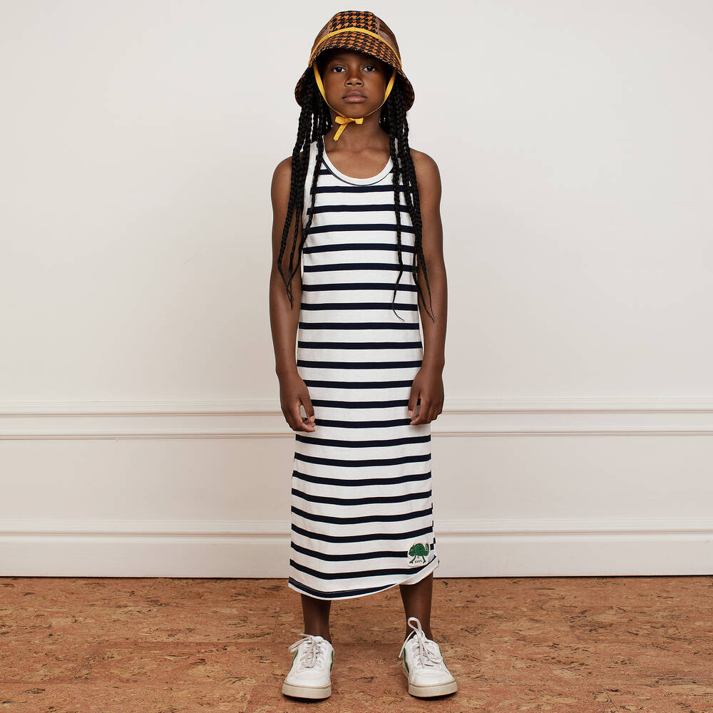 Mini Rodini-فستان مزيج قطن عضوي جيرسي مقلم لون عاجي وكحلي | Childrensalon Outlet