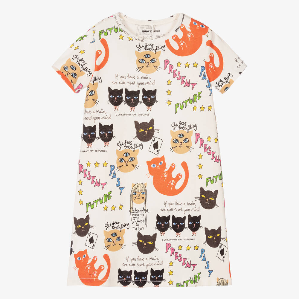 Mini Rodini - Ivory Cotton Cat Print Dress | Childrensalon