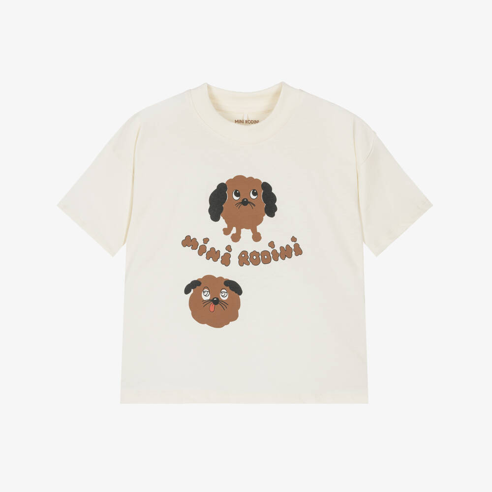 Mini Rodini-Ivory Cotton Short-Sleeved Dog Print T-Shirt | Childrensalon Outlet