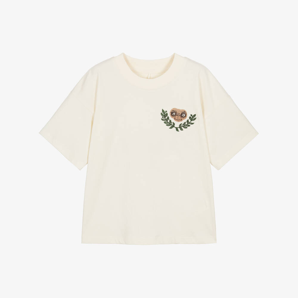 Mini Rodini-Ivory Cotton T-Shirt with Embroidered E.T. | Childrensalon Outlet