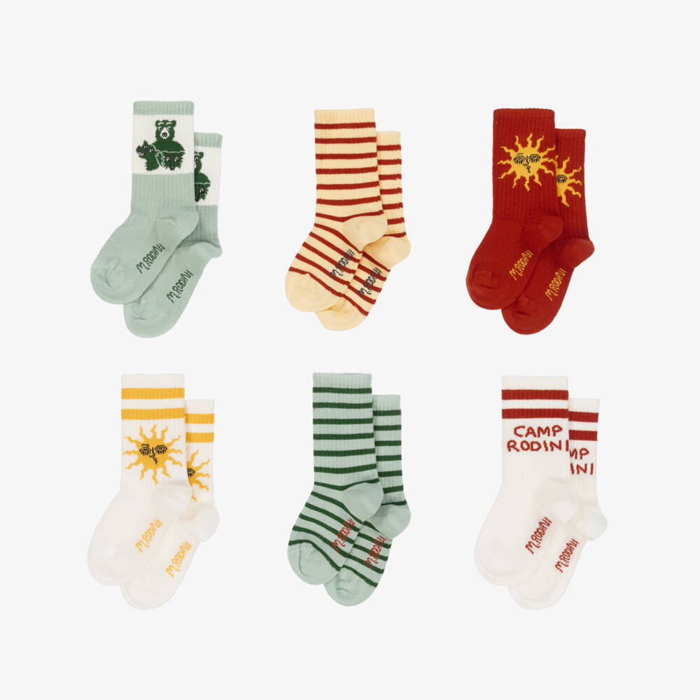 Mini Rodini-Ivory, Green & Red Cotton Socks (6 Pack) | Childrensalon Outlet