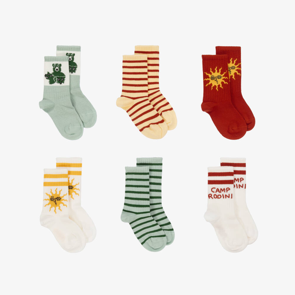 Mini Rodini-Ivory, Green & Red Cotton Socks (6 Pack) | Childrensalon Outlet
