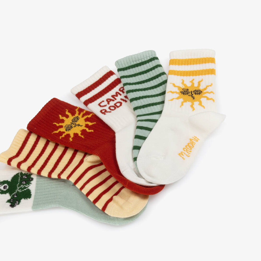 Mini Rodini-Ivory, Green & Red Cotton Socks (6 Pack) | Childrensalon Outlet