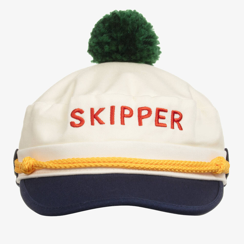 Mini Rodini-Ivory & Navy Blue Cotton Skipper Hat | Childrensalon Outlet