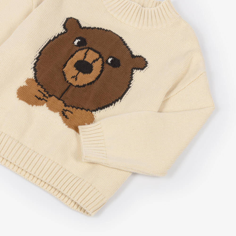 Mini Rodini-Ivory Organic Cotton Knit Jumper with Intarsia Bear Motif | Childrensalon Outlet