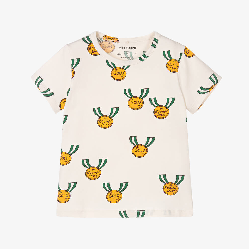 Mini Rodini-Ivory Organic Cotton Medals T-Shirt | Childrensalon Outlet