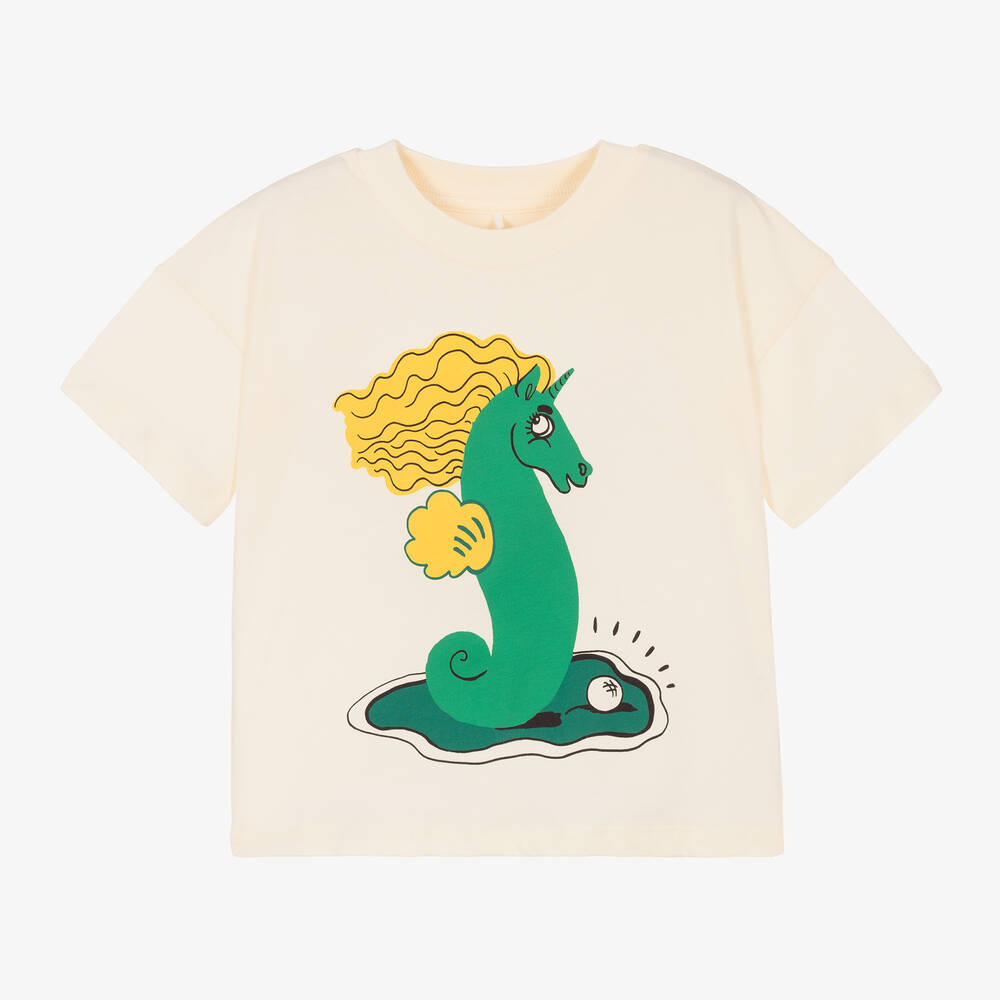 Mini Rodini - Кремовая футболка из органического хлопка с морским коньком | Childrensalon