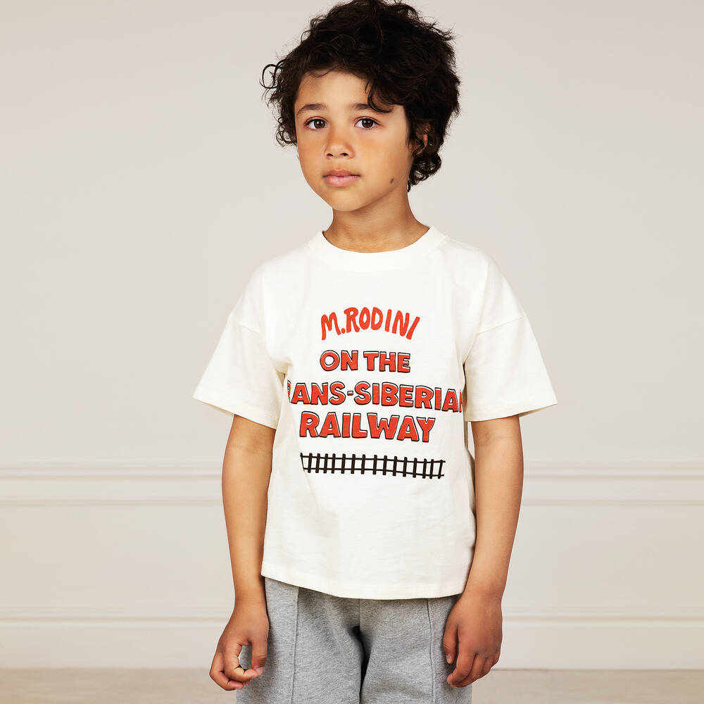 Mini Rodini-تيشيرت قطن عضوي لون عاجي، أسود وأحمر | Childrensalon Outlet