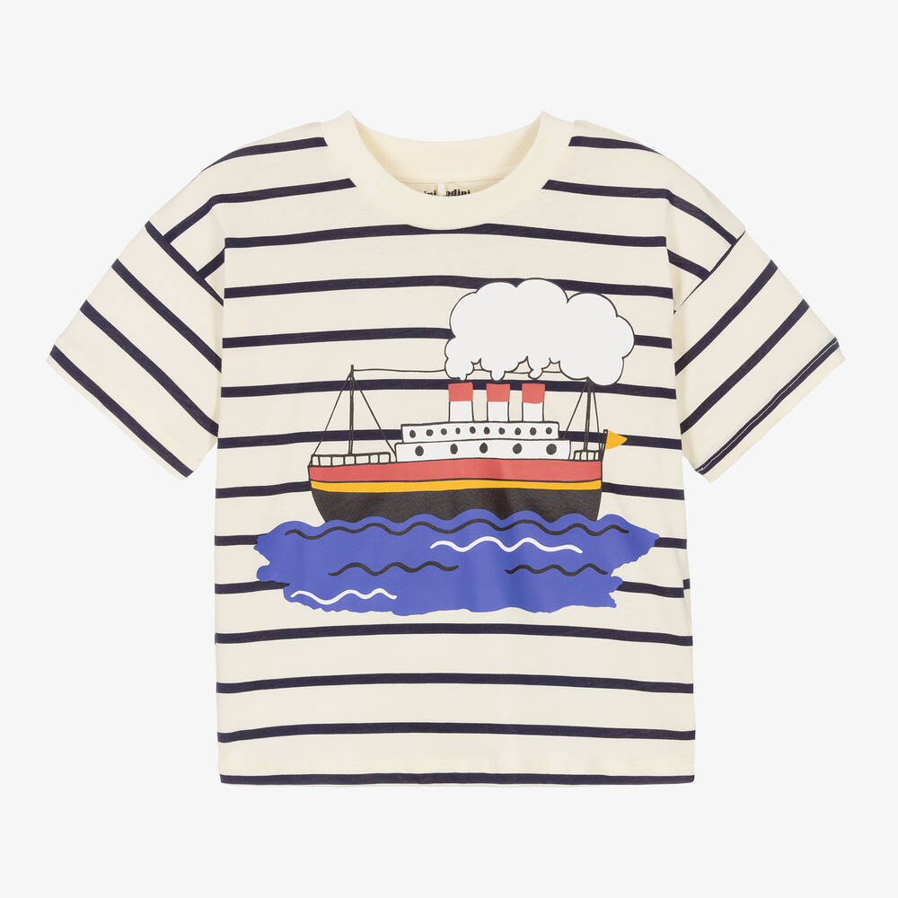 Mini Rodini - Ivory Stripe Ferry Organic Cotton T-Shirt | Childrensalon