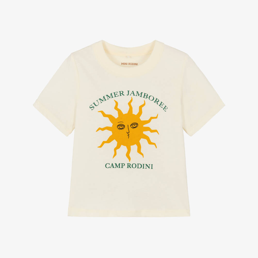 Mini Rodini-Кремовая футболка из хлопка с графикой солнца для детей | Childrensalon Outlet
