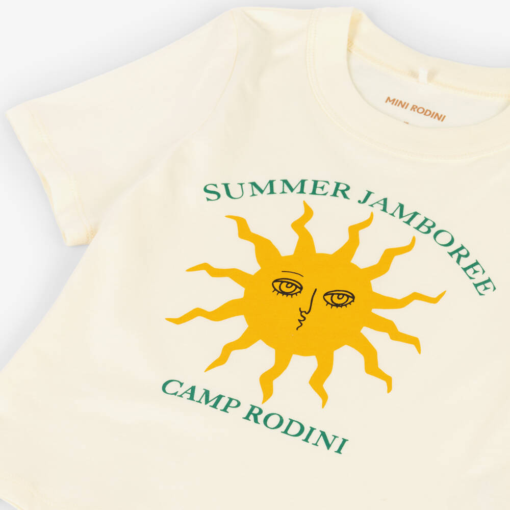 Mini Rodini-Кремовая футболка из хлопка с графикой солнца для детей | Childrensalon Outlet