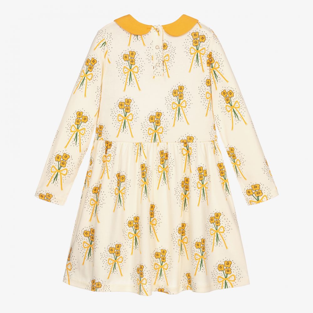 Mini Rodini-فستان قطن عضوي لون عاجي وأصفر بطبعة ورود | Childrensalon Outlet