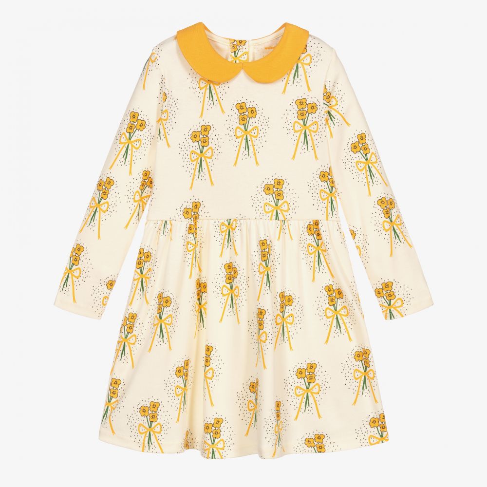 Mini Rodini-فستان قطن عضوي لون عاجي وأصفر بطبعة ورود | Childrensalon Outlet