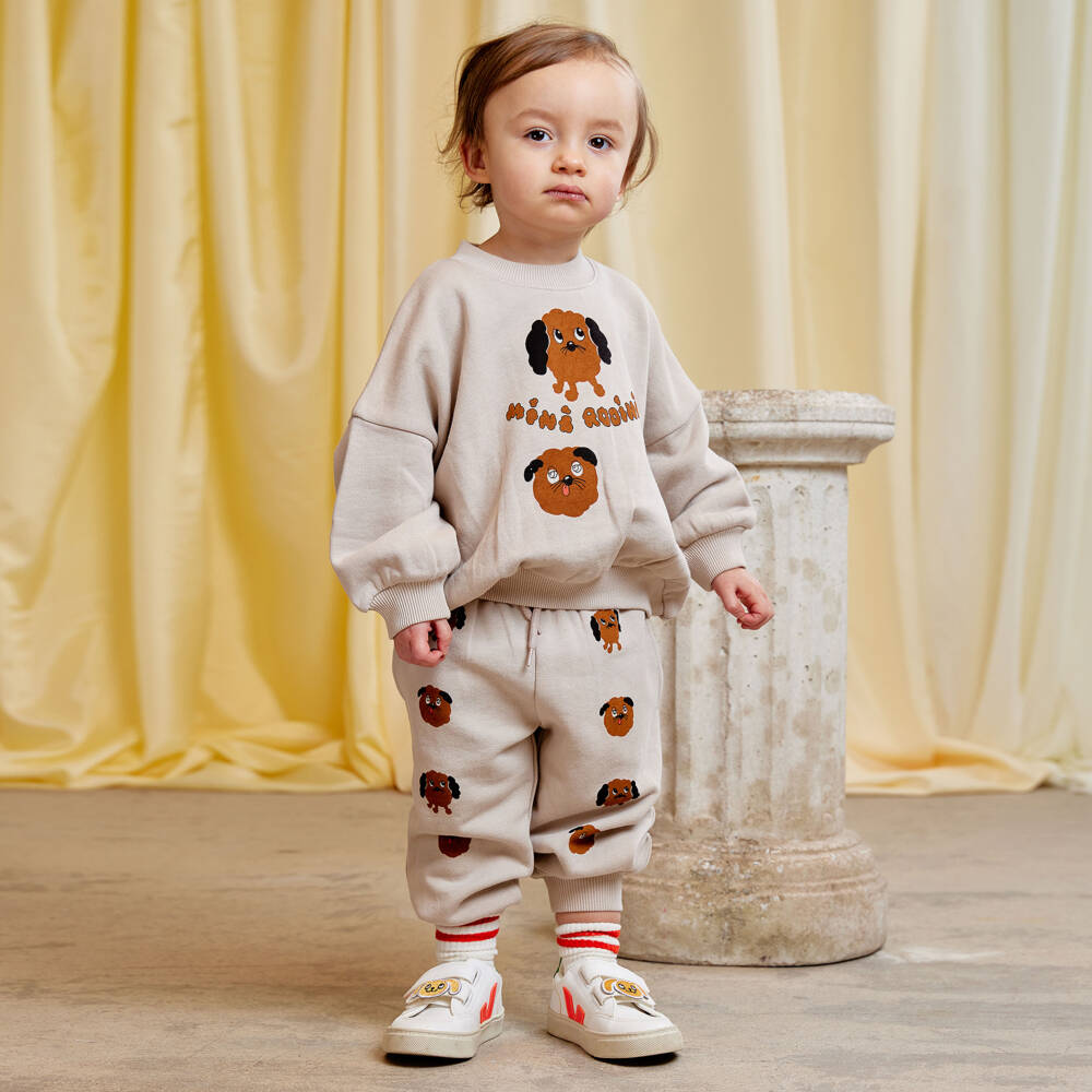 Mini Rodini-Light Beige Organic Cotton Sweatshirt with Dog Motifs | Childrensalon Outlet