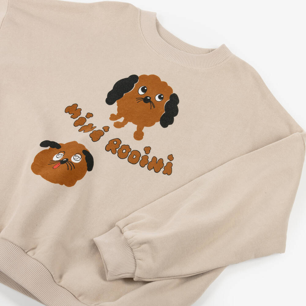 Mini Rodini-Light Beige Organic Cotton Sweatshirt with Dog Motifs | Childrensalon Outlet