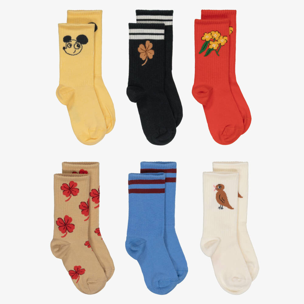Mini Rodini-Multi Colour Cotton Socks with Floral & Animal Motifs (6 Pack) | Childrensalon Outlet