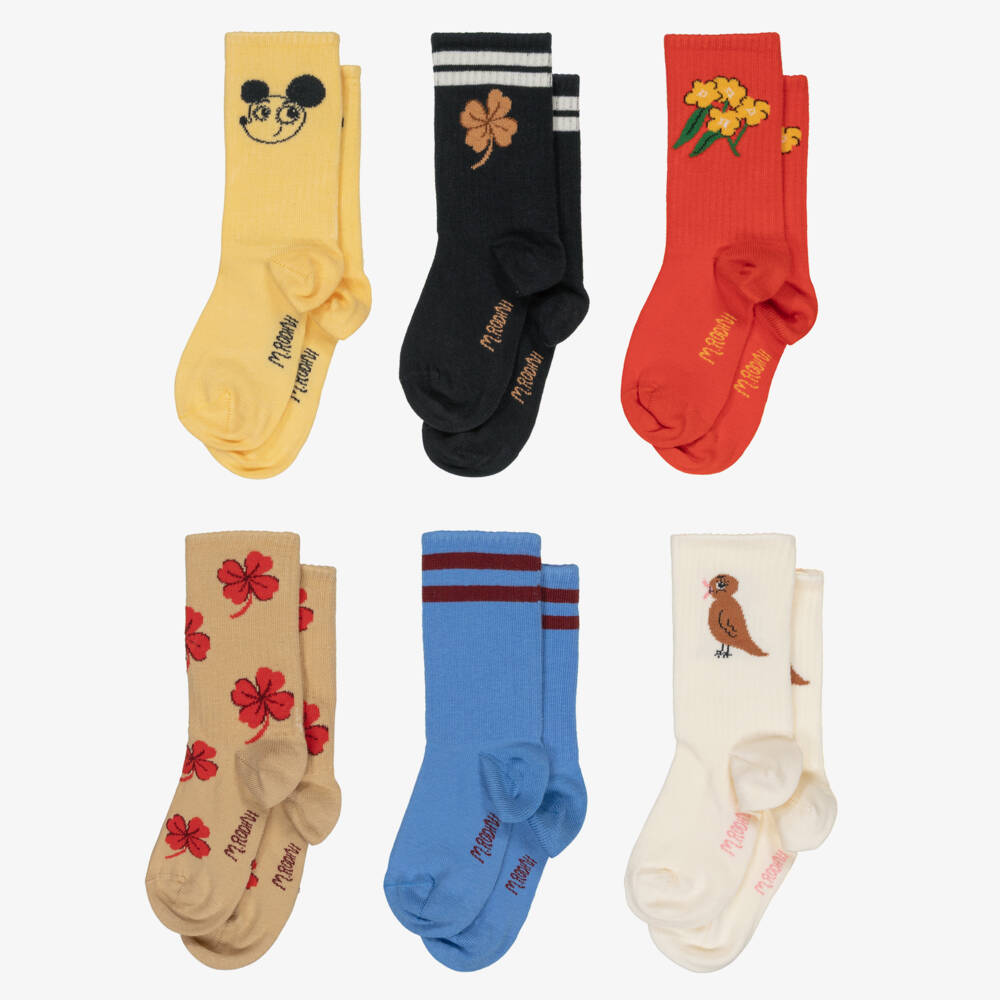 Mini Rodini-Multi Colour Cotton Socks with Floral & Animal Motifs (6 Pack) | Childrensalon Outlet