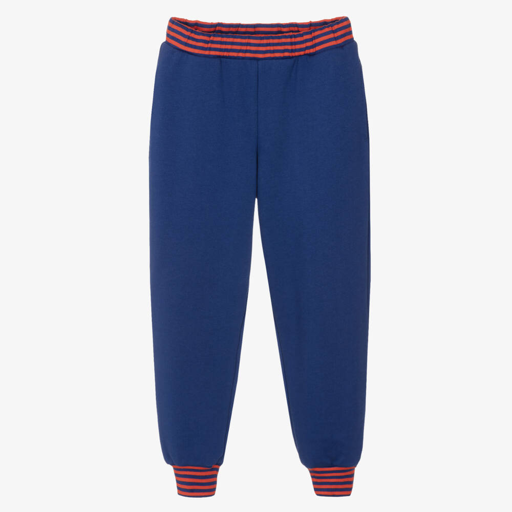 Mini Rodini-Navy Blue Cotton Joggers with Striped Ribbing | Childrensalon Outlet