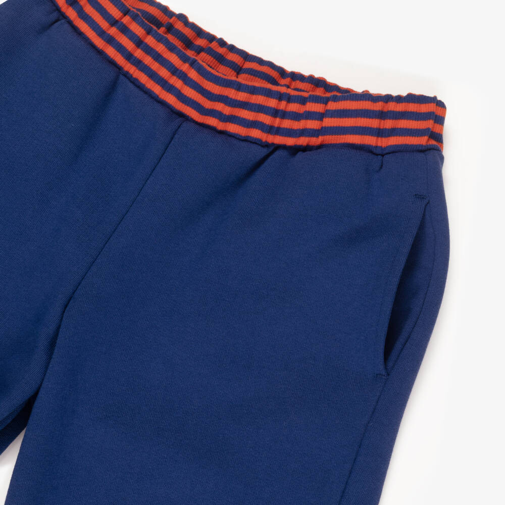Mini Rodini-Navy Blue Cotton Joggers with Striped Ribbing | Childrensalon Outlet