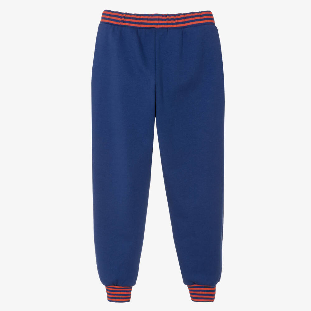 Mini Rodini-Navy Blue Cotton Joggers with Striped Ribbing | Childrensalon Outlet