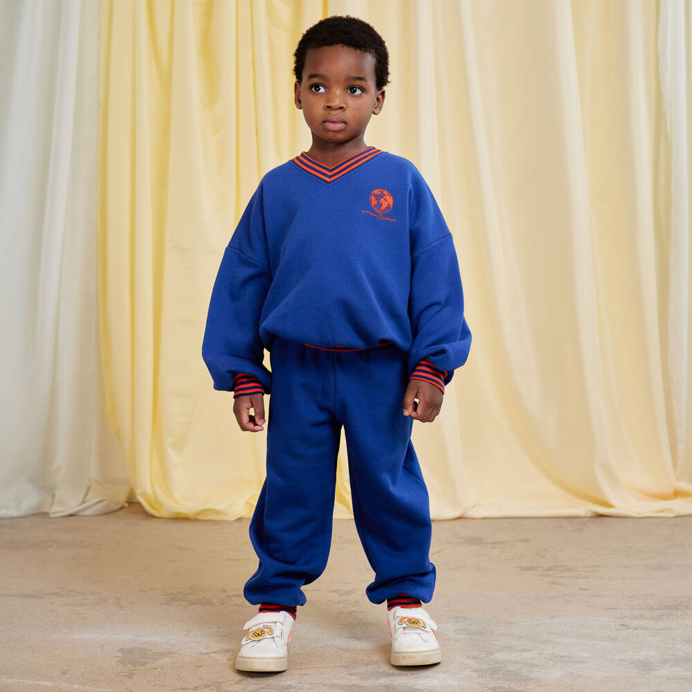 Mini Rodini-Navy Blue Cotton Joggers with Striped Ribbing | Childrensalon Outlet