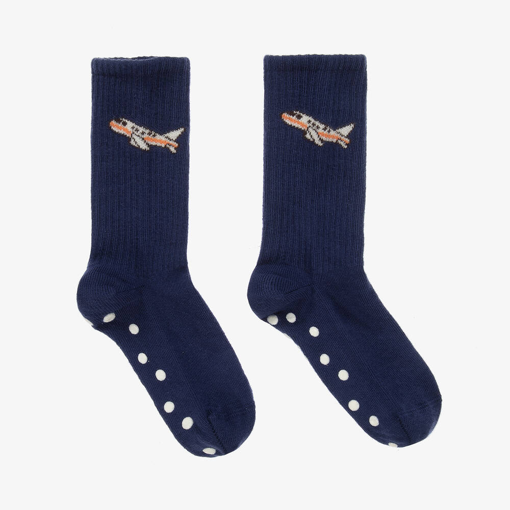Mini Rodini - Navy Blue Organic Cotton Airplane Socks  | Childrensalon