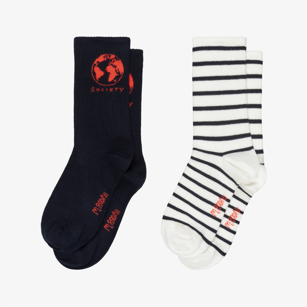 Mini Rodini-Navy Blue & White Cotton Socks (2 Pack) | Childrensalon Outlet